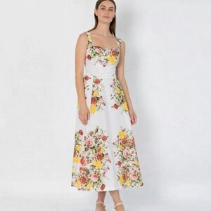 Damaris Bailey Floral Cotton Silk Midi Dress White Pink Yellow Size S